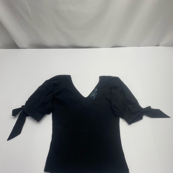 Anthropologie Maeve Women’s Black Puff Sleeve Blouse SM Double V Neck - Picture 1 of 13